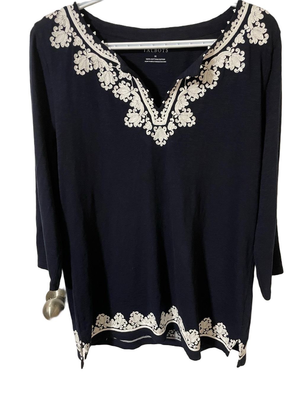 Talbots Navy Tunic with Cream Embroidered Trim Size Medium
